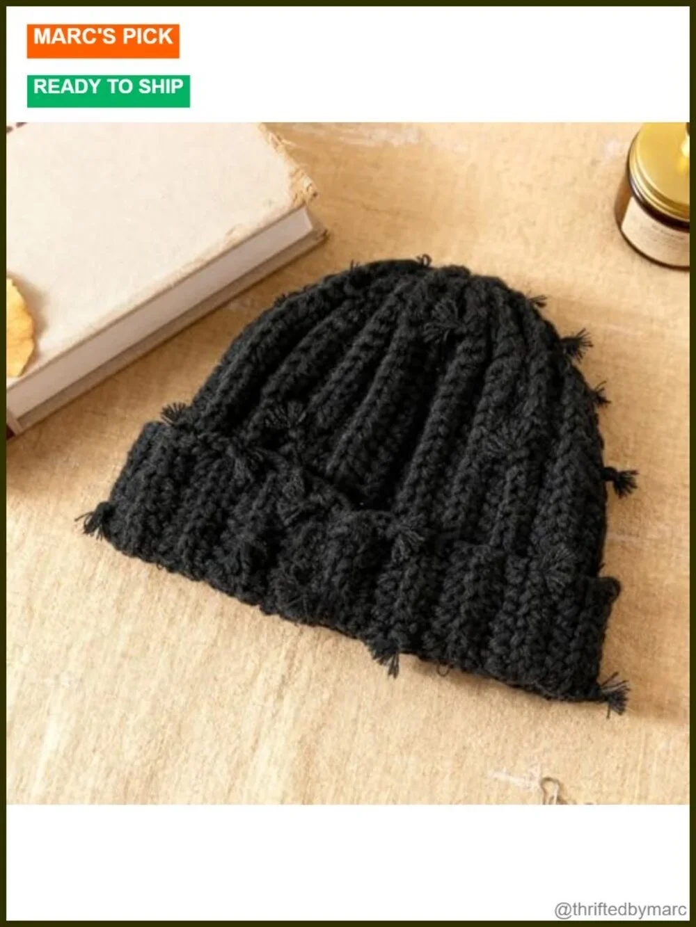 Chunky Crochet Beanie Cuffed Winter Hat with Boho Tassel Knot